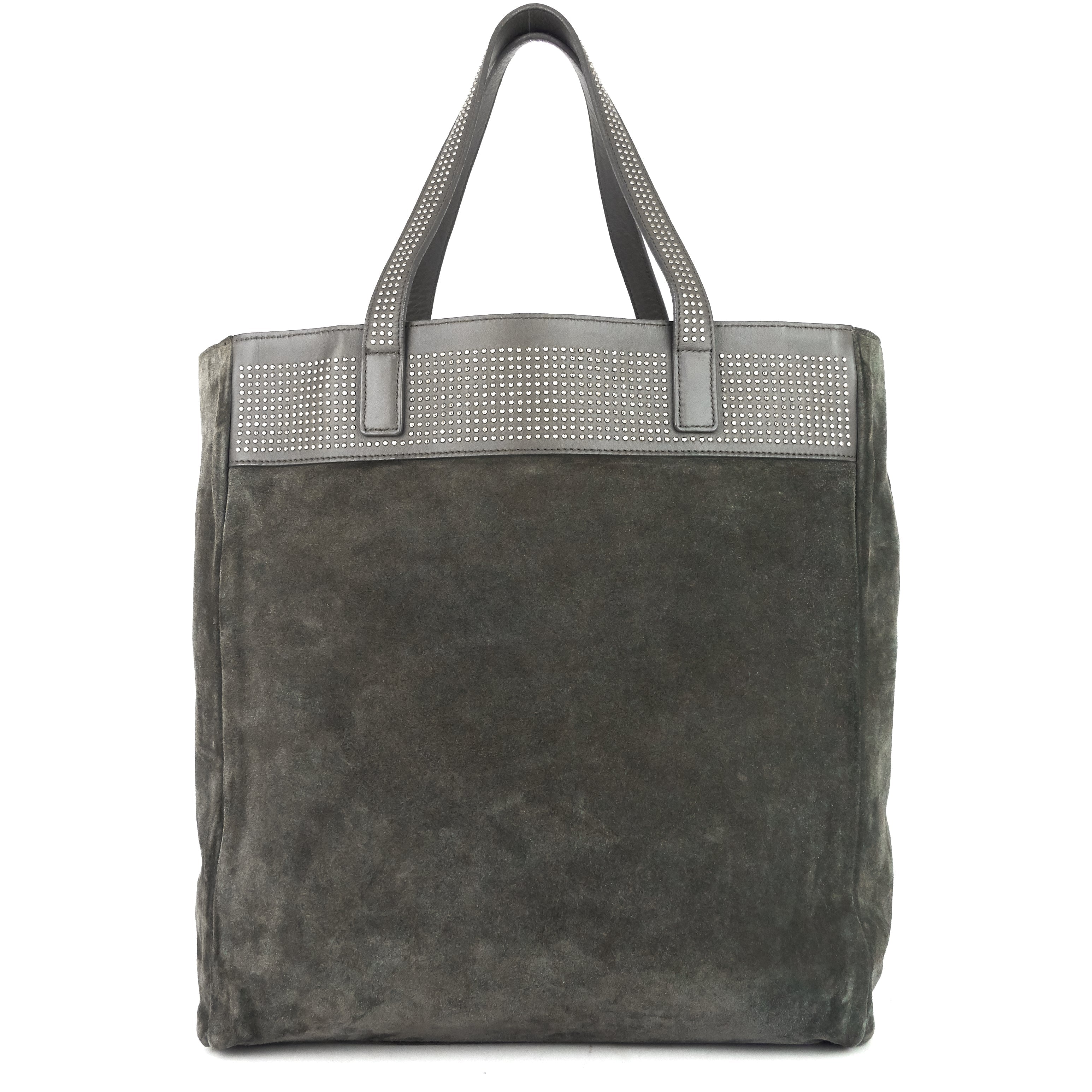 SAINT LAURENT Studded Reversible Leather and Suede Tote Bag