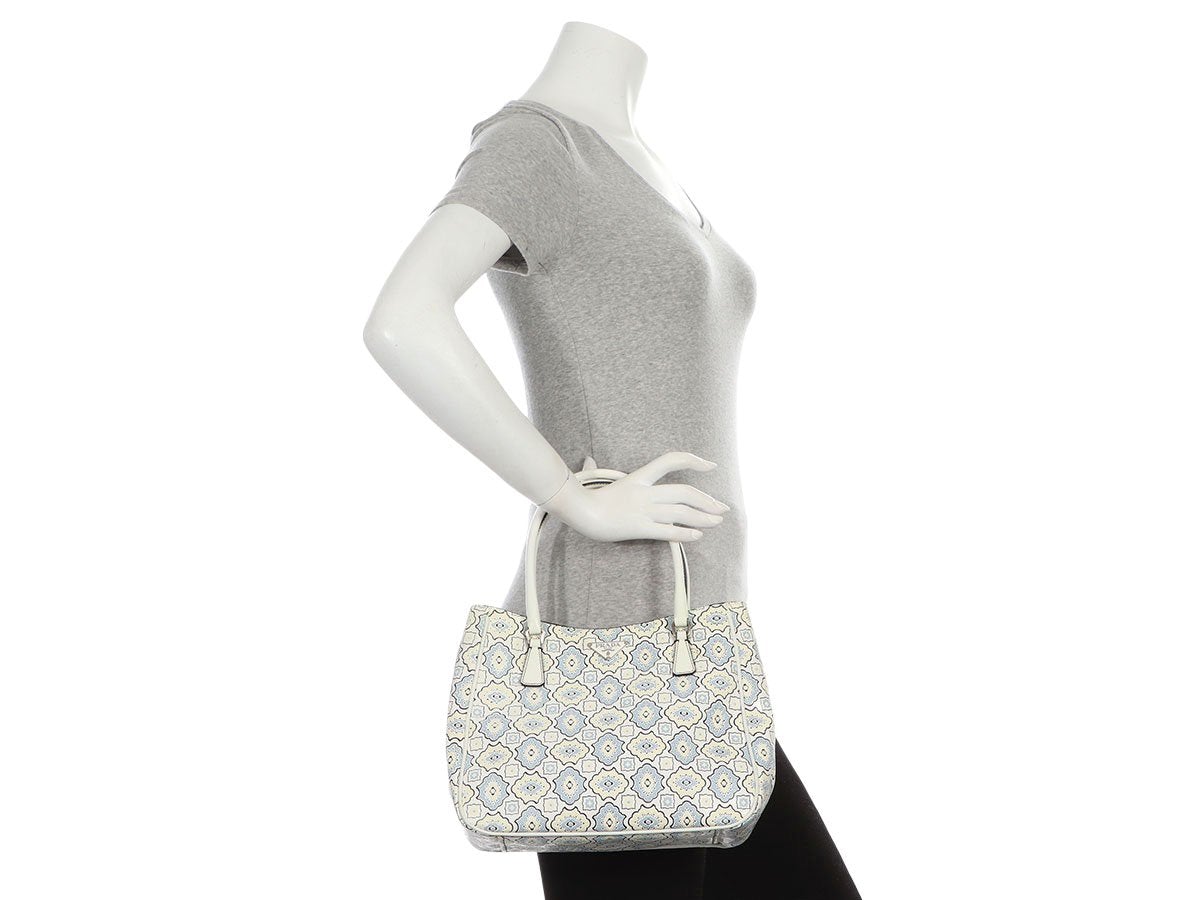 Prada Small Blue, Cream, and White Embossed Floral Tote