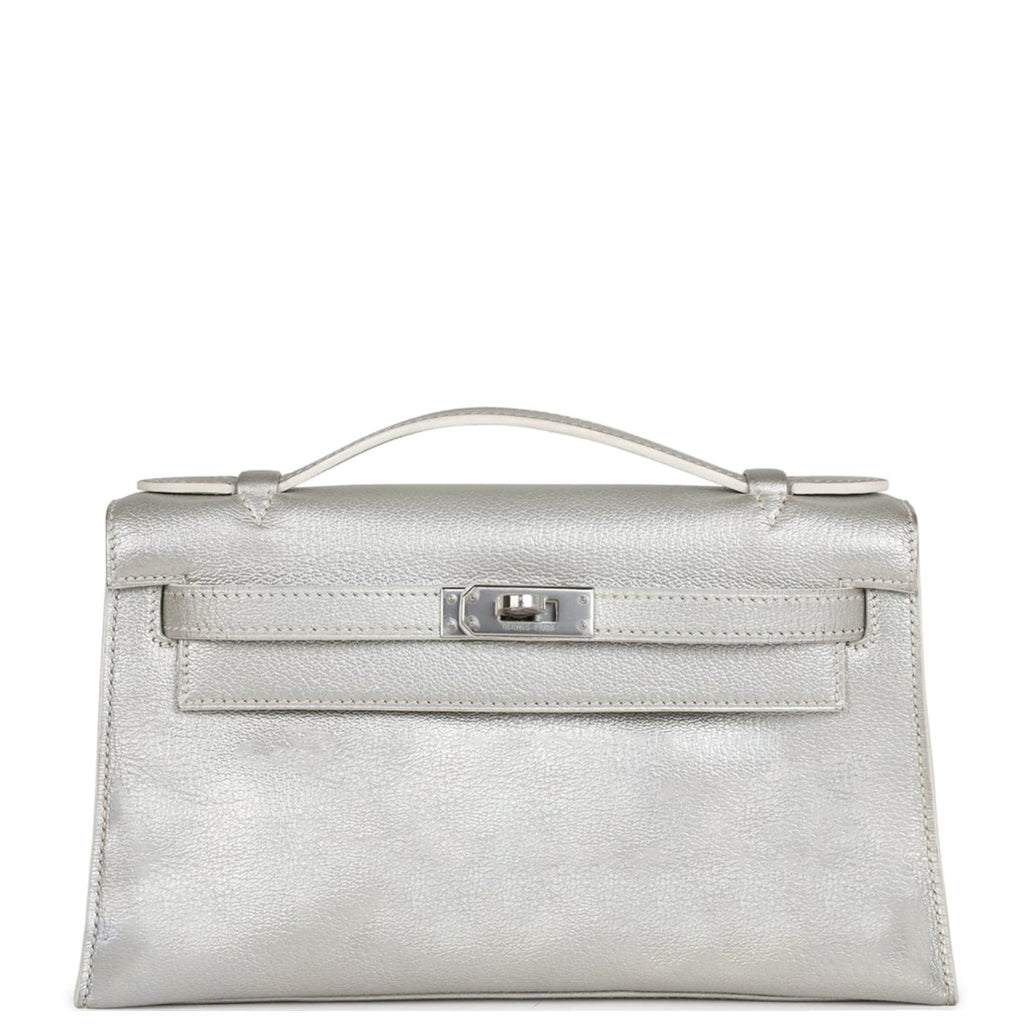 Vintage Hermes Kelly Pochette Silver Metallic Chevre Palladium Hardware