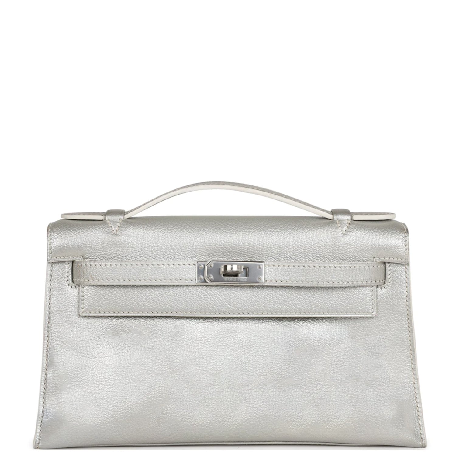 Vintage Hermes Kelly Pochette Silver Metallic Chevre Palladium Hardware