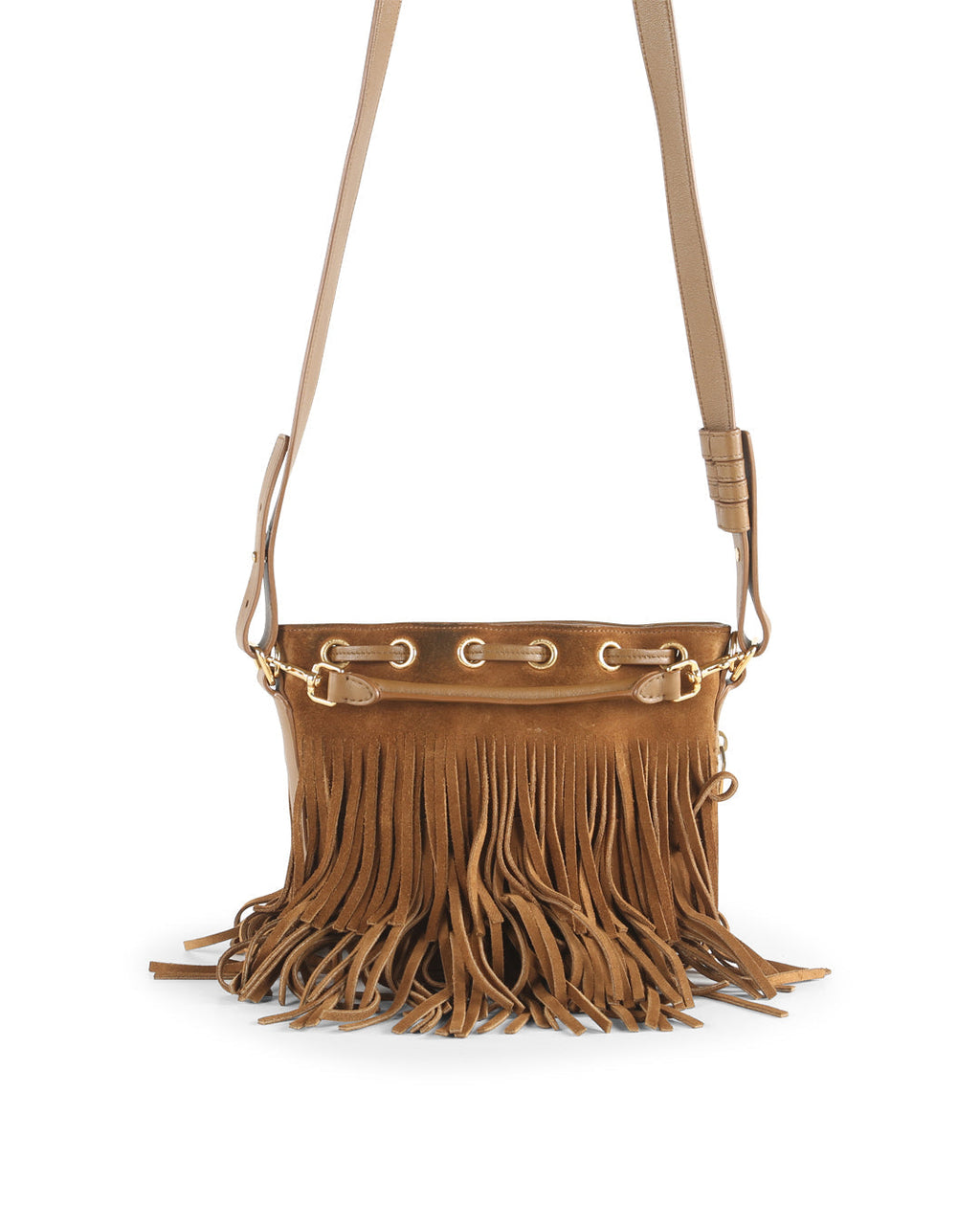 SAINT LAURENT Brown Suede Fringe Emmanuelle Crossbody Bag