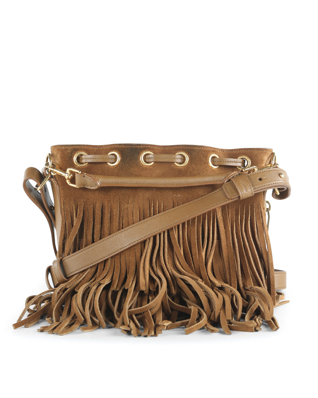 SAINT LAURENT Brown Suede Fringe Emmanuelle Crossbody Bag