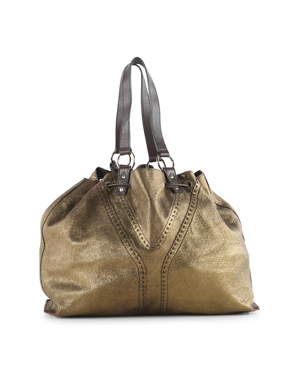 YVES SAINT LAURENT Metallic Bronze/Brown Leather Reversible Double Sac Y Shopper Tote
