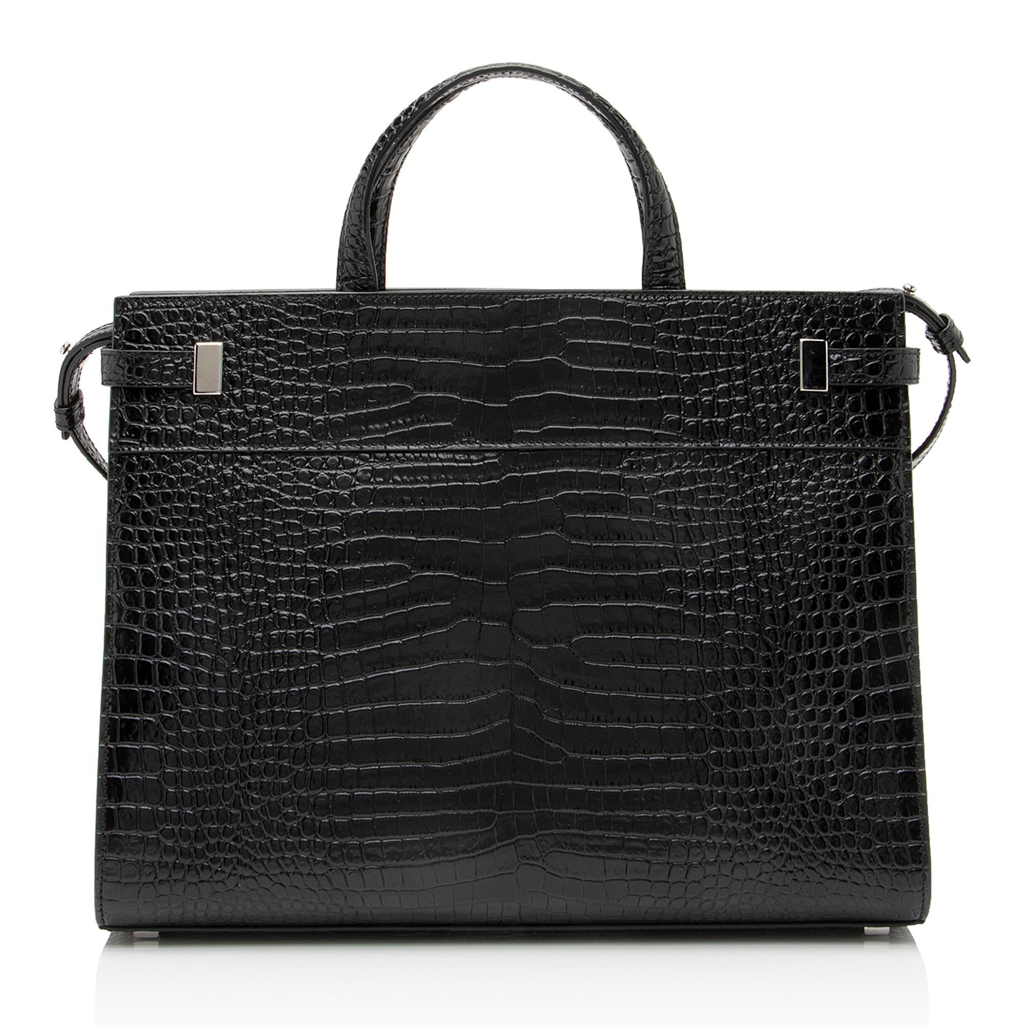 Saint Laurent Croc Embossed Leather Manhattan Small Satchel (SHF-23623)