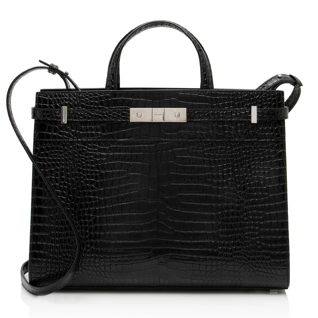 Saint Laurent Croc Embossed Leather Manhattan Small Satchel (SHF-23623)