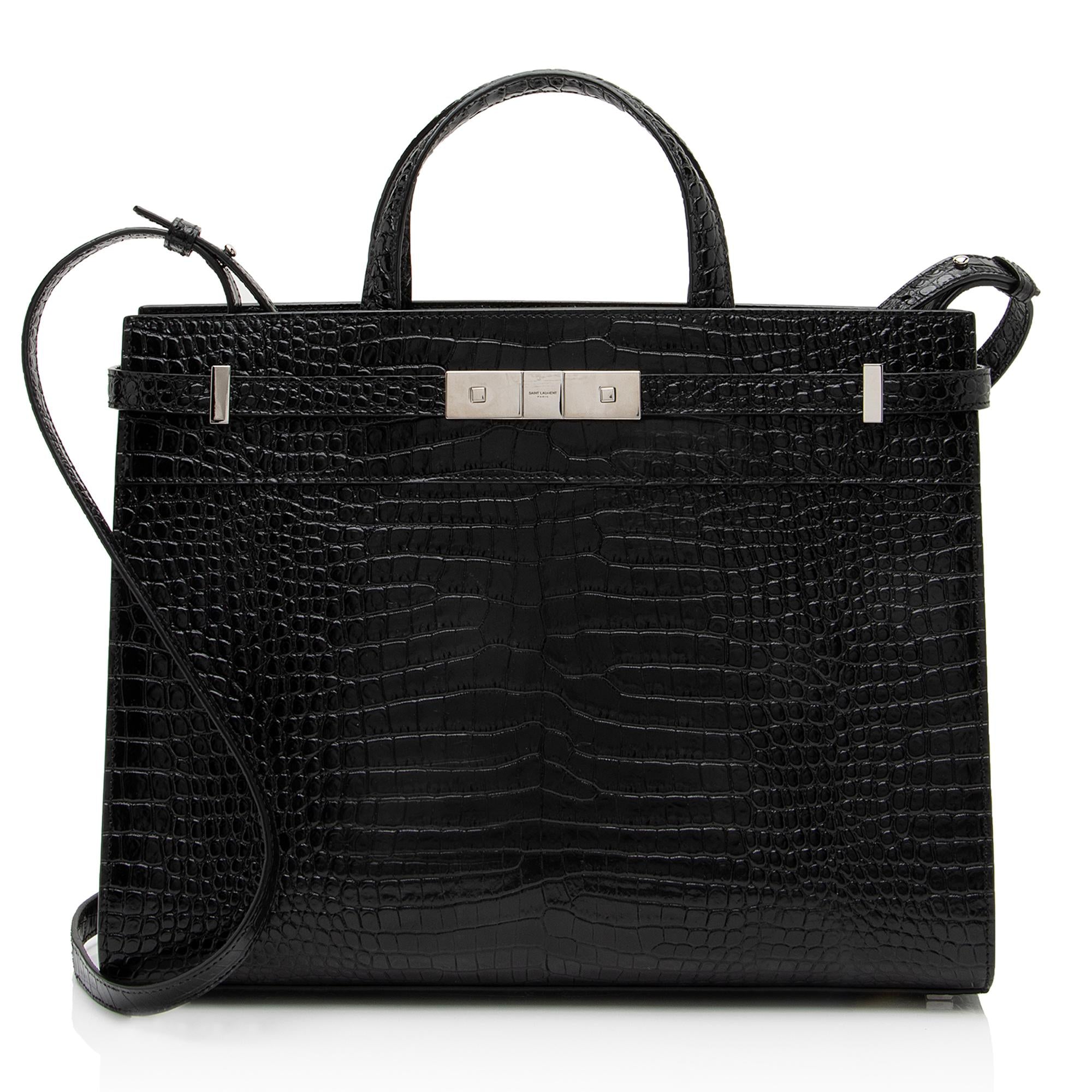 Saint Laurent Croc Embossed Leather Manhattan Small Satchel (SHF-23623)