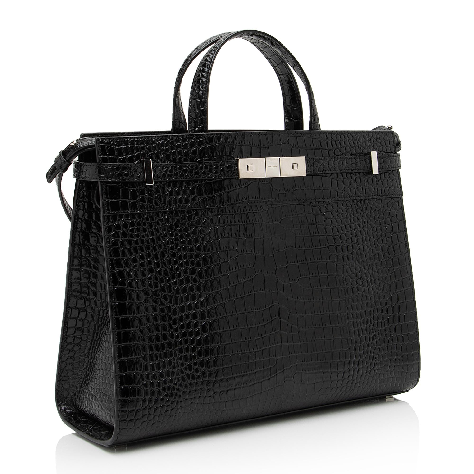 Saint Laurent Croc Embossed Leather Manhattan Small Satchel (SHF-23623)