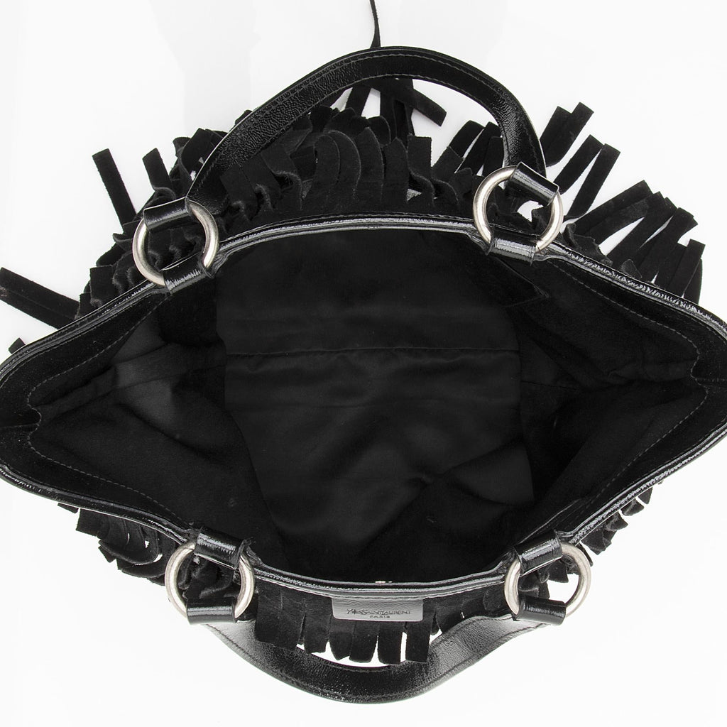 Saint Laurent Patent Leather Suede Fringe Tote (SHF-22368)
