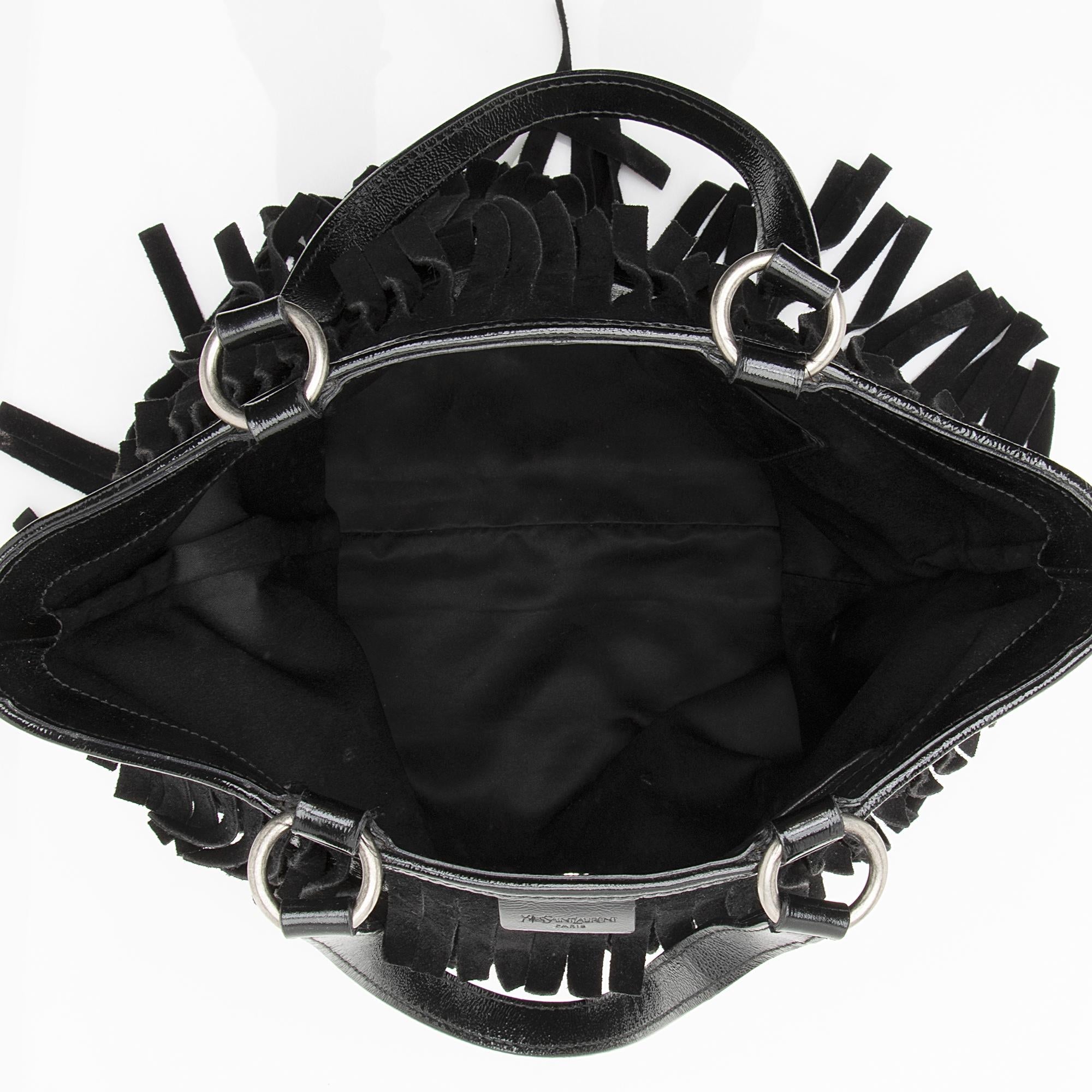 Saint Laurent Patent Leather Suede Fringe Tote (SHF-22368)