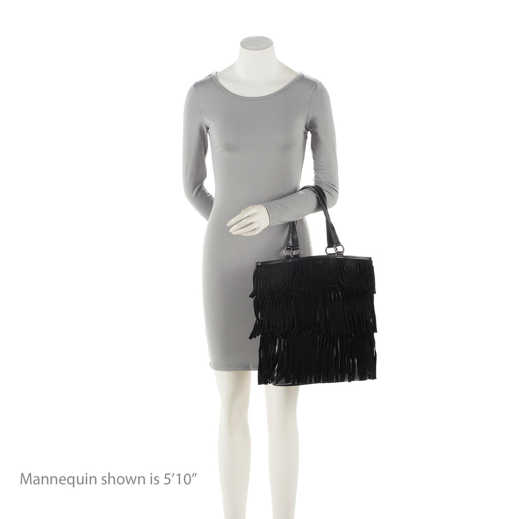 Saint Laurent Patent Leather Suede Fringe Tote (SHF-22368)