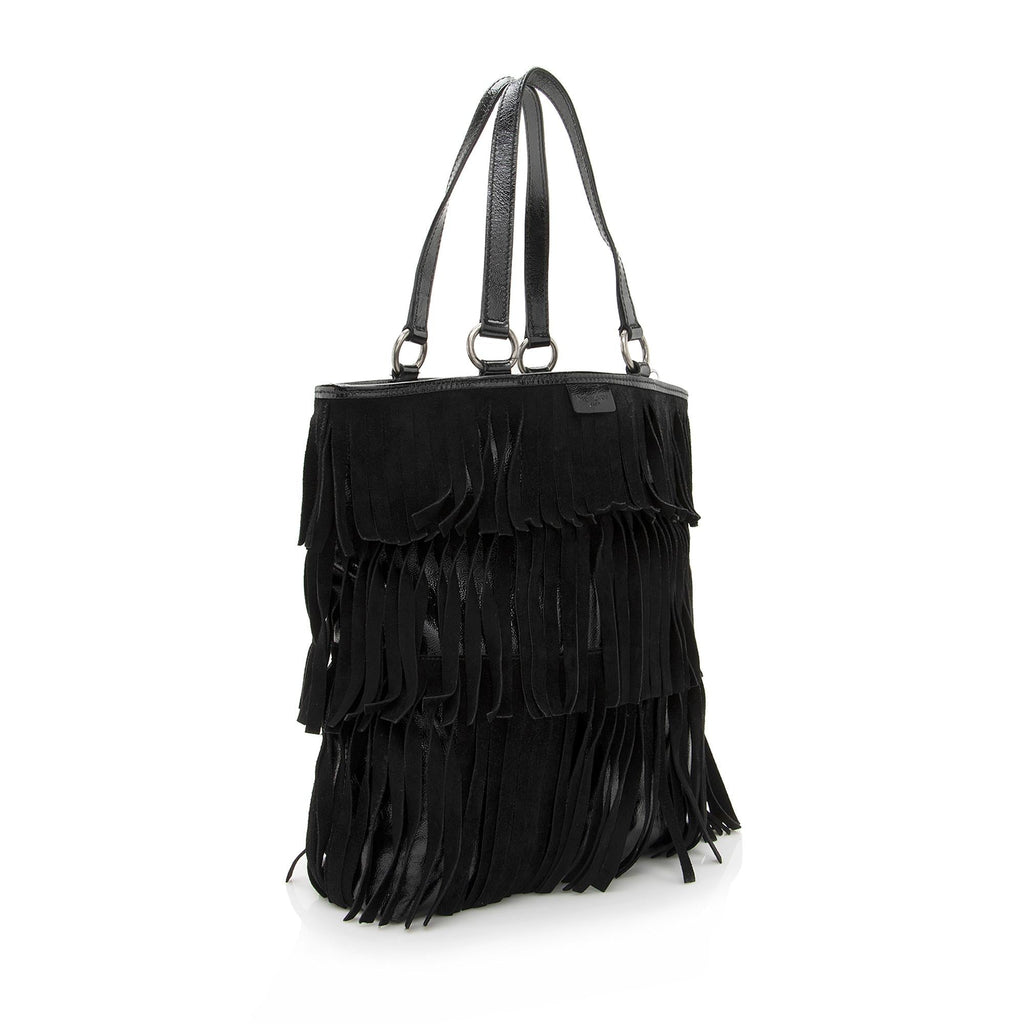 Saint Laurent Patent Leather Suede Fringe Tote (SHF-22368)