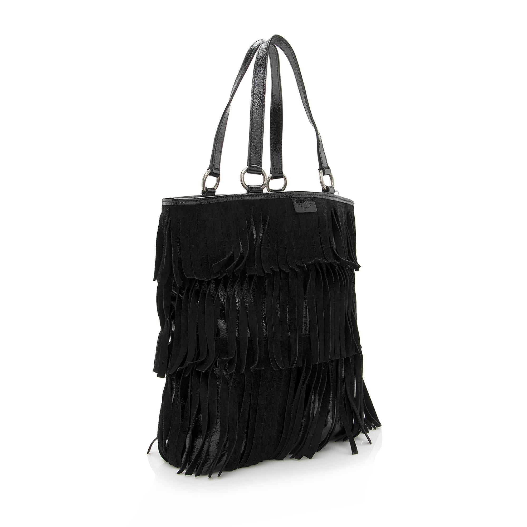 Saint Laurent Patent Leather Suede Fringe Tote (SHF-22368)