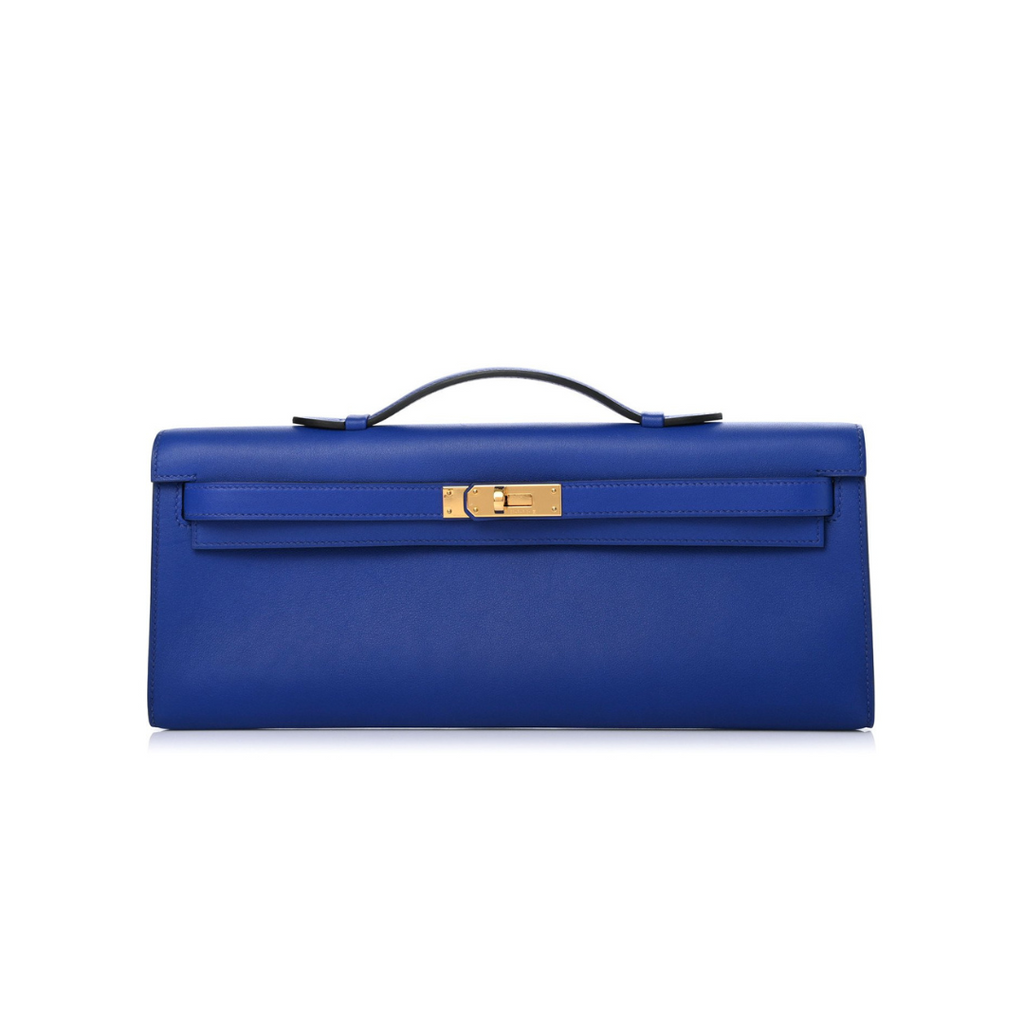 Hermes Kelly Cut Clutch Swift Calfskin Bleu France Gold Hardware