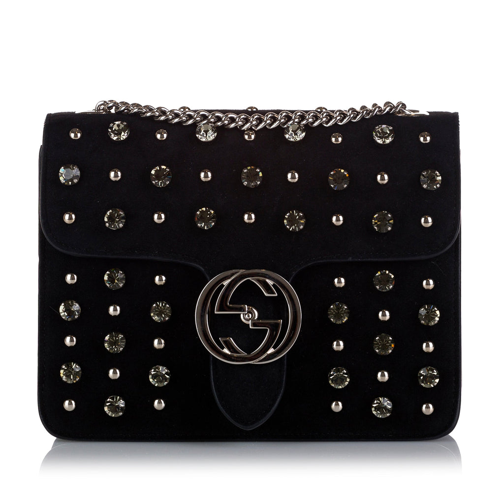Gucci Chrystal Interlocking G Crossbody Bag Black Suede