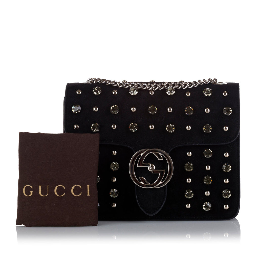 Gucci Chrystal Interlocking G Crossbody Bag Black Suede