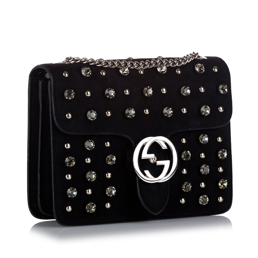 Gucci Chrystal Interlocking G Crossbody Bag Black Suede