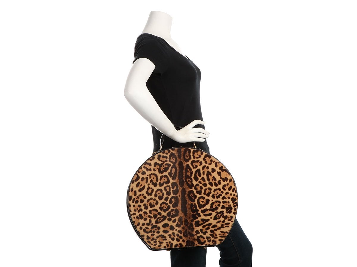 Saint Laurent Large Leopard Print Calf Hair Mica Hat Box Bag