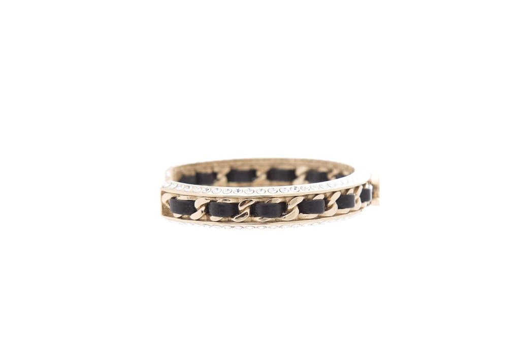 Chanel 2023 Black & Gold Leather Chain Crystal Detail Cuff  Bracelet
