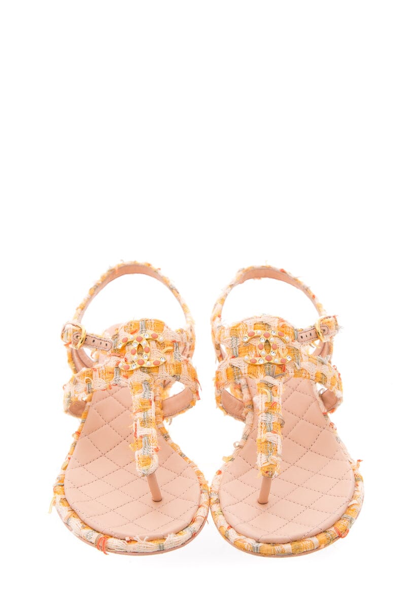 Chanel Orange Tweed Heeled Sandals SZ 37.5