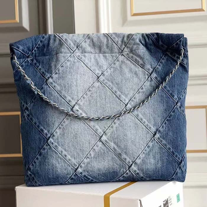 Chanel Women CC 22 Handbag Washed Denim Silver-Tone Metal Light Blue