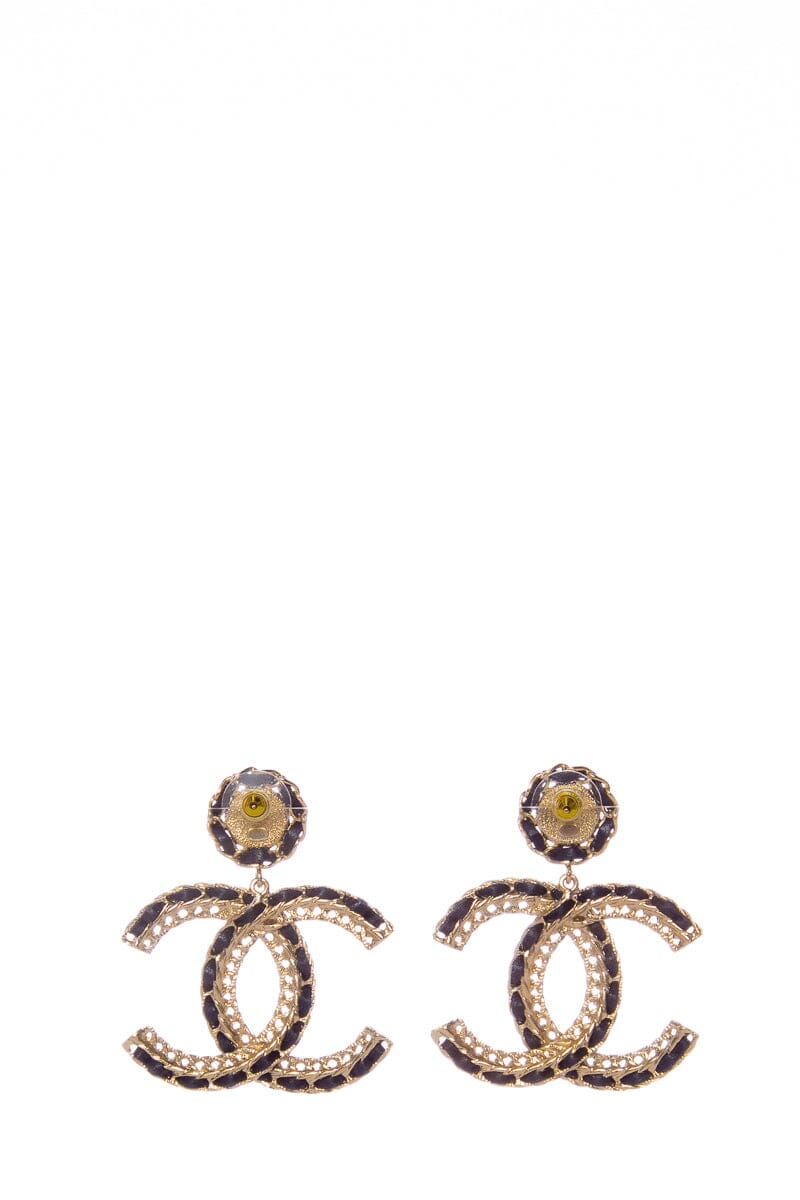 Chanel Black Leather and Gold CC Dangle Earrings