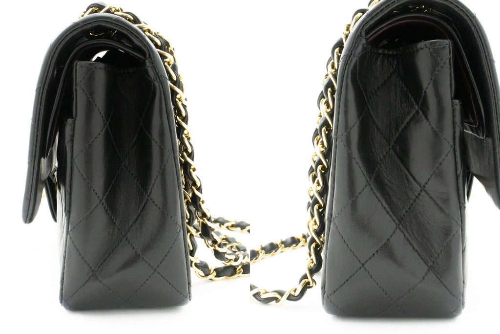 CHANEL Classic Double Flap 10" Chain Shoulder Bag Black Lambskin k39