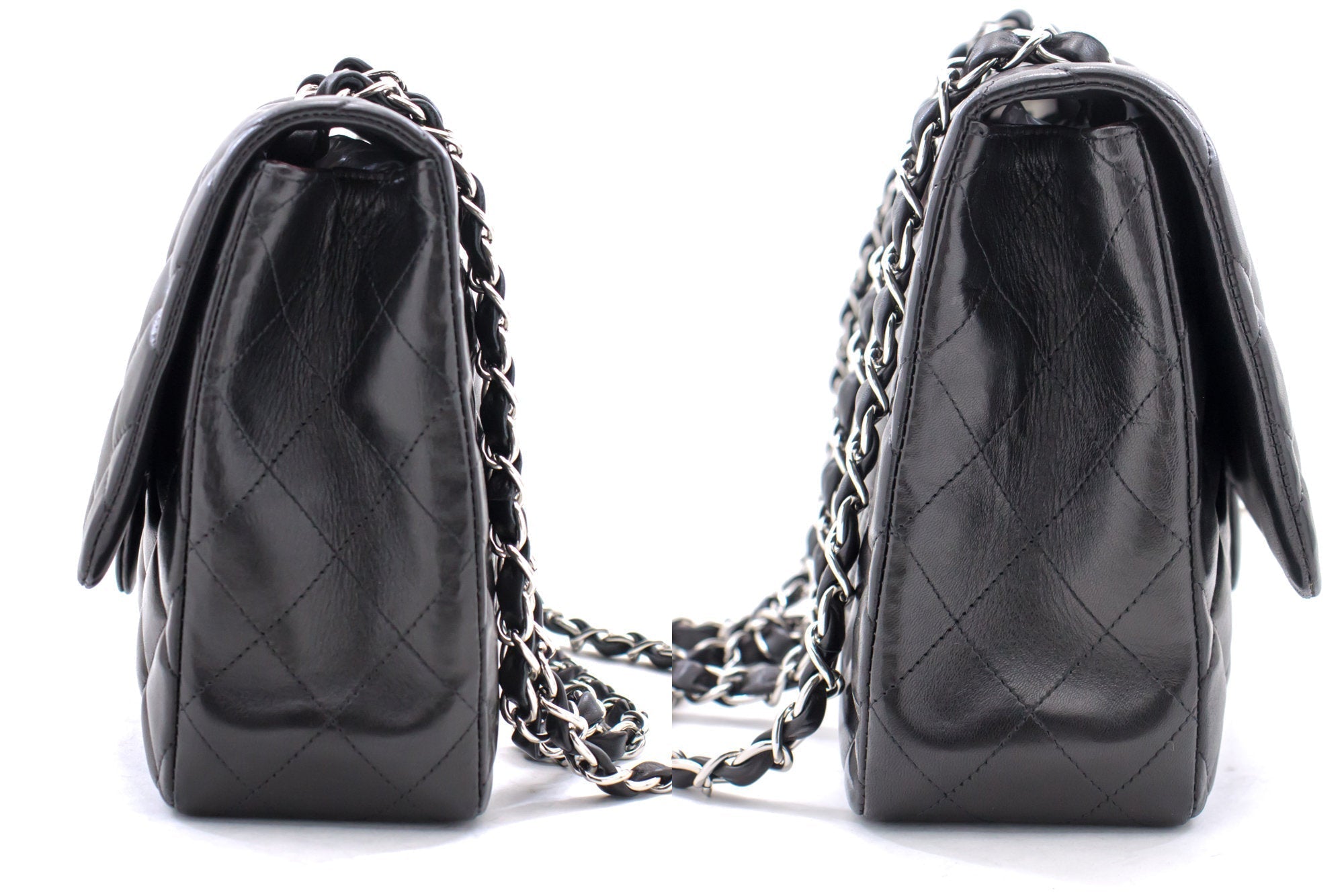 CHANEL Large Classic Handbag 11"Chain Shoulder Bag Flap Black Lamb h44