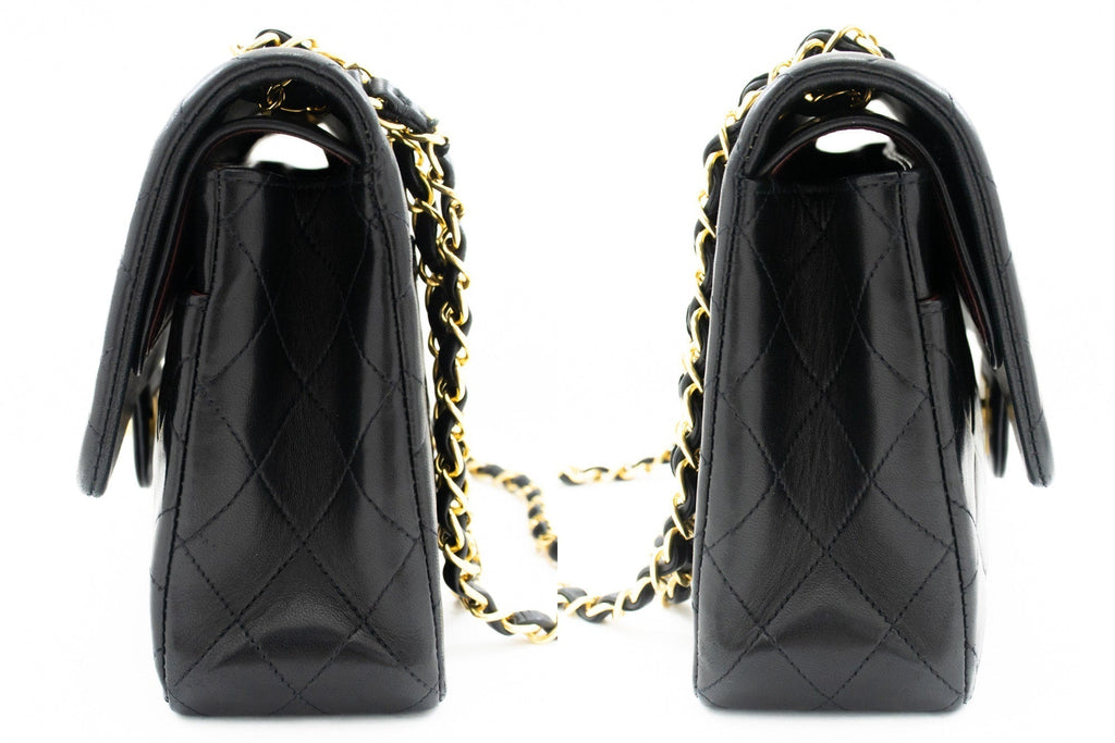 CHANEL Classic Double Flap 10" Chain Shoulder Bag Black Lambskin k76