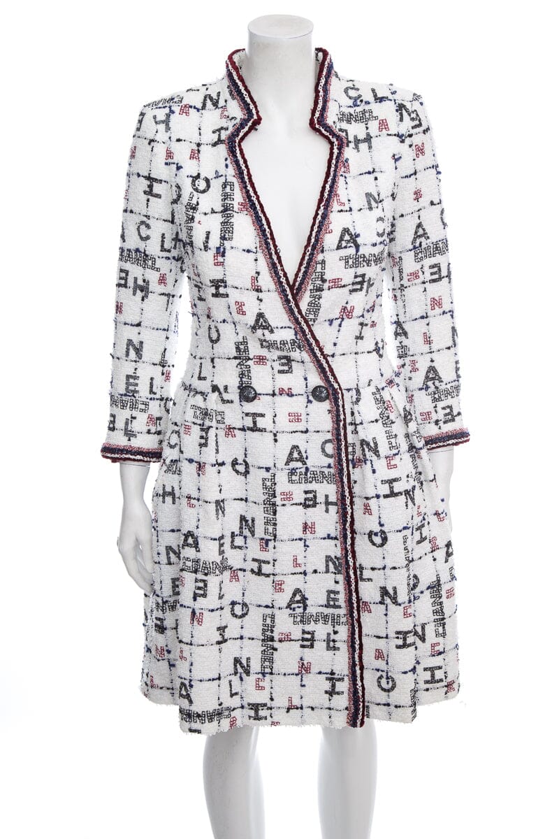 Chanel Spring 2020 Multi Logo Tweed Coat SZ 36