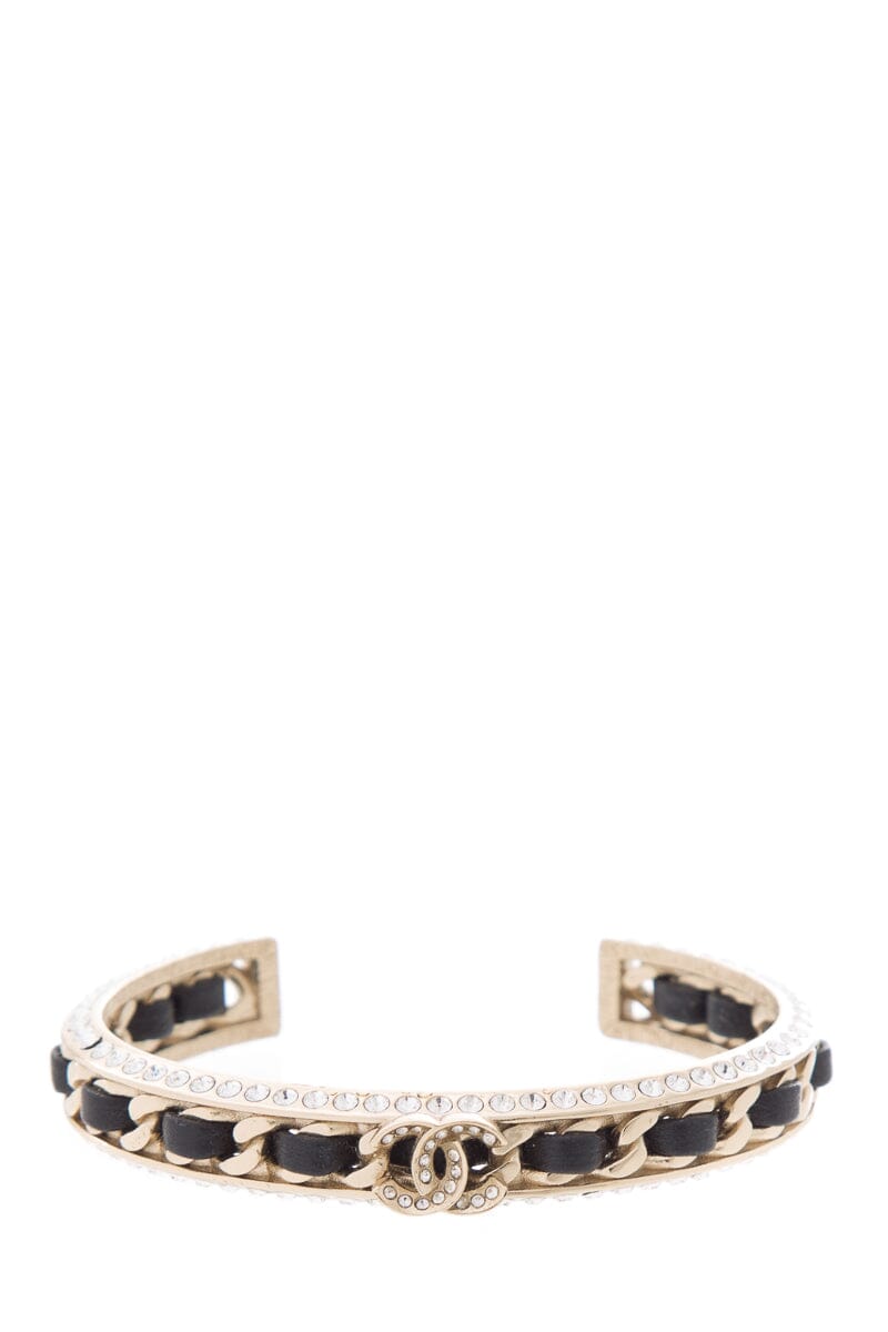 Chanel 2023 Black & Gold Leather Chain Crystal Detail Cuff  Bracelet