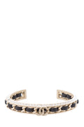 Chanel 2023 Black & Gold Leather Chain Crystal Detail Cuff  Bracelet