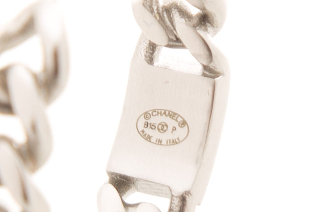 Chanel Silver CC Logo Chain Hoop Earrings