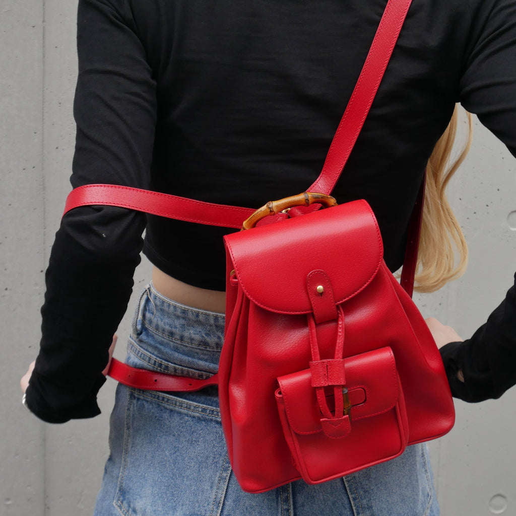 GUCCI 1980s Red Pigskin Bamboo Backpack Small