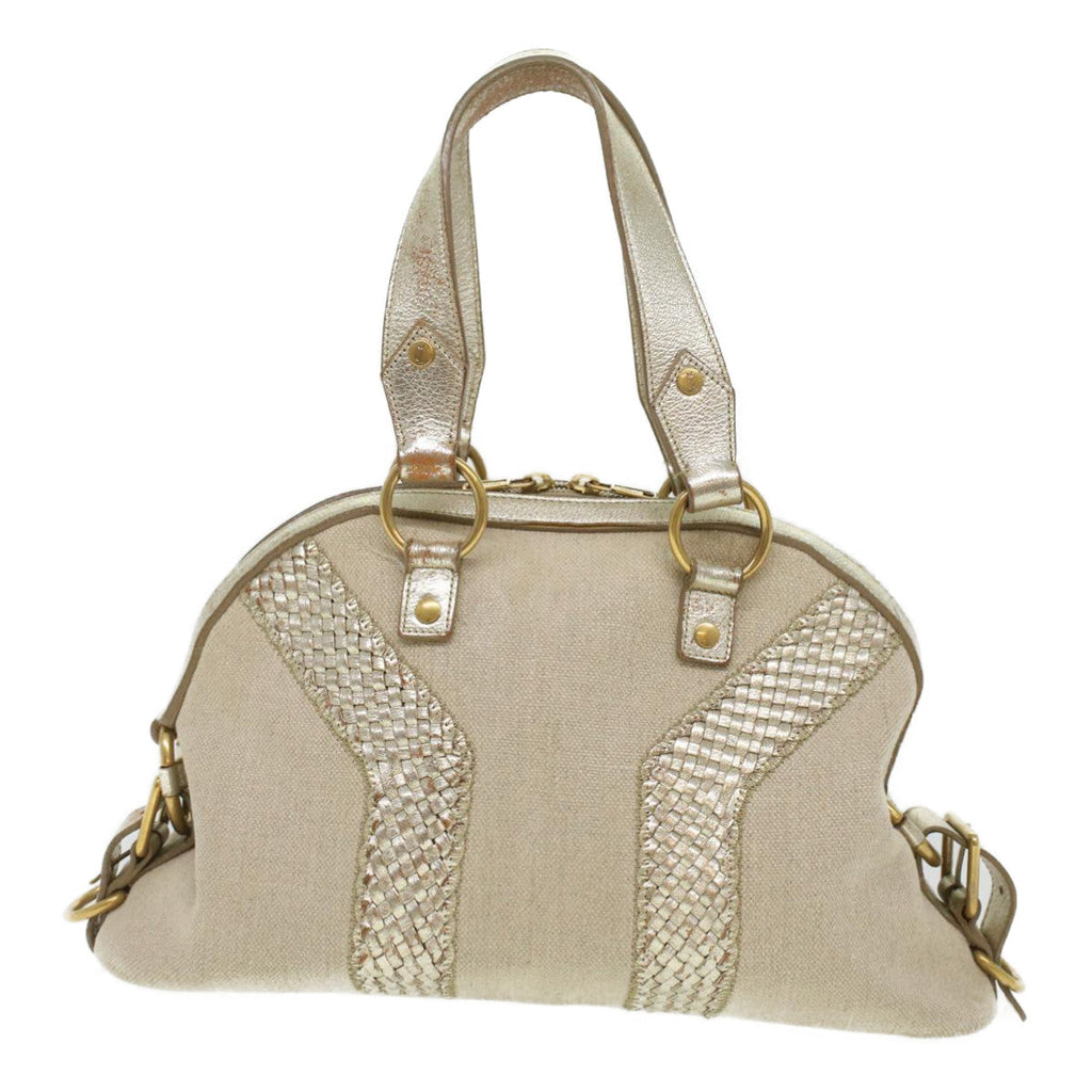SAINT LAURENT Shoulder Bag Canvas Leather 2way Silver 153934 002058 Auth am3841