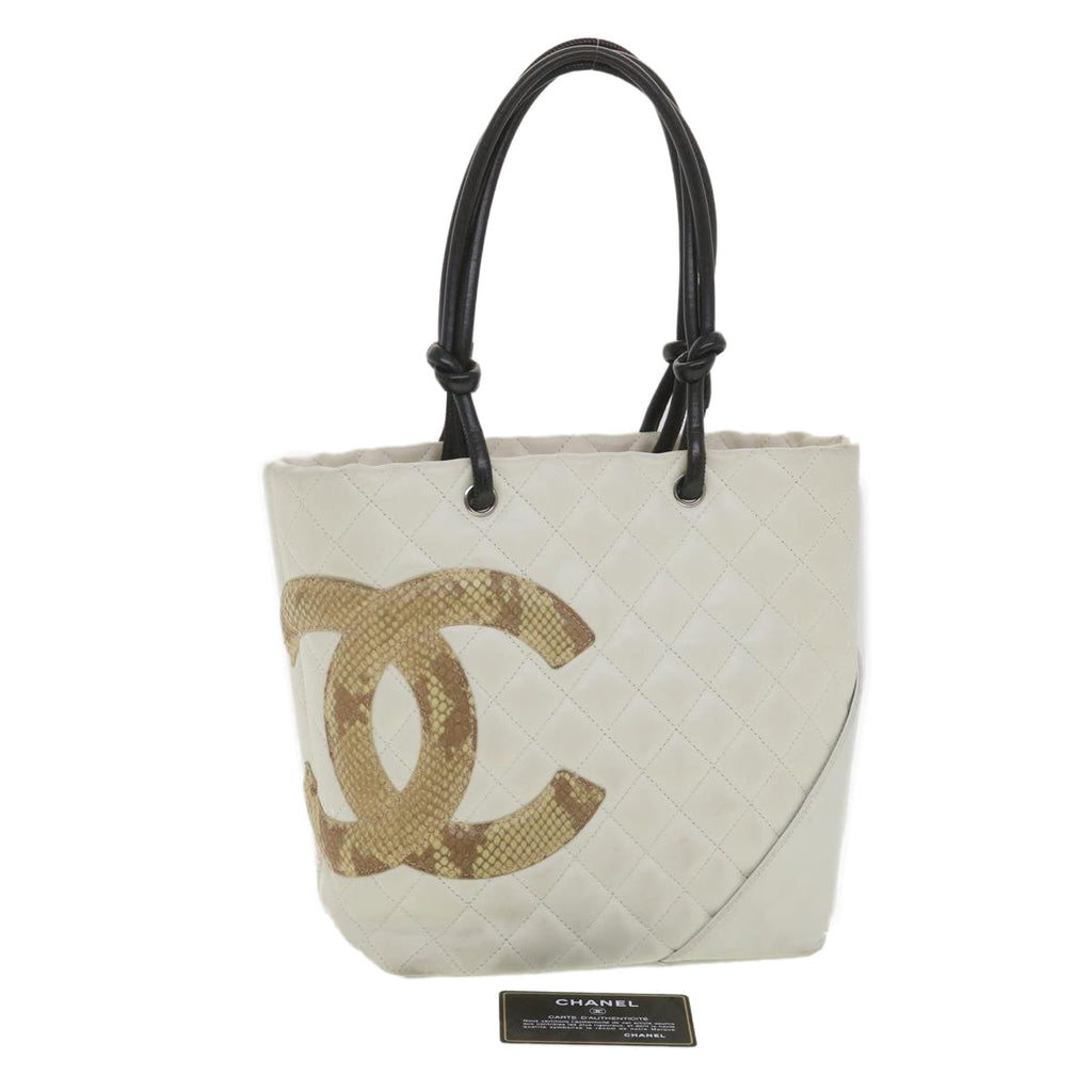 CHANEL Cambon Line Tote Bag Lamb Skin White CC  am3907