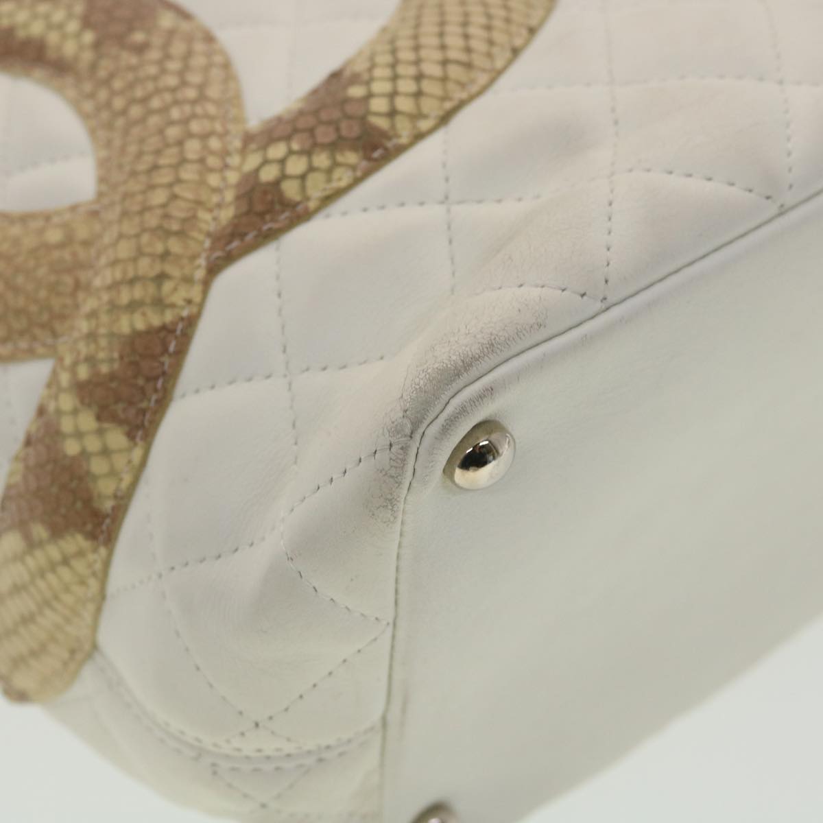 CHANEL Cambon Line Tote Bag Lamb Skin White CC  am3907