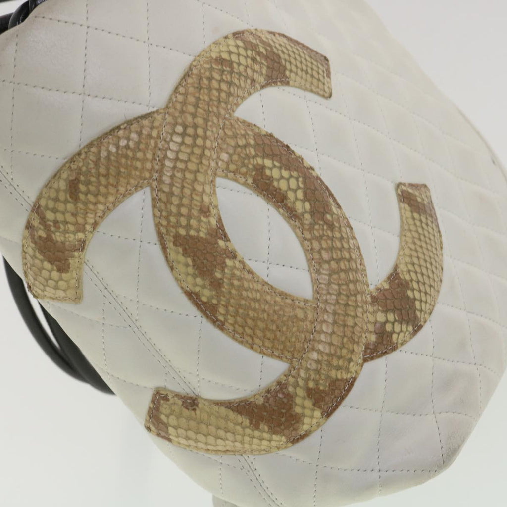 CHANEL Cambon Line Tote Bag Lamb Skin White CC Auth am3907