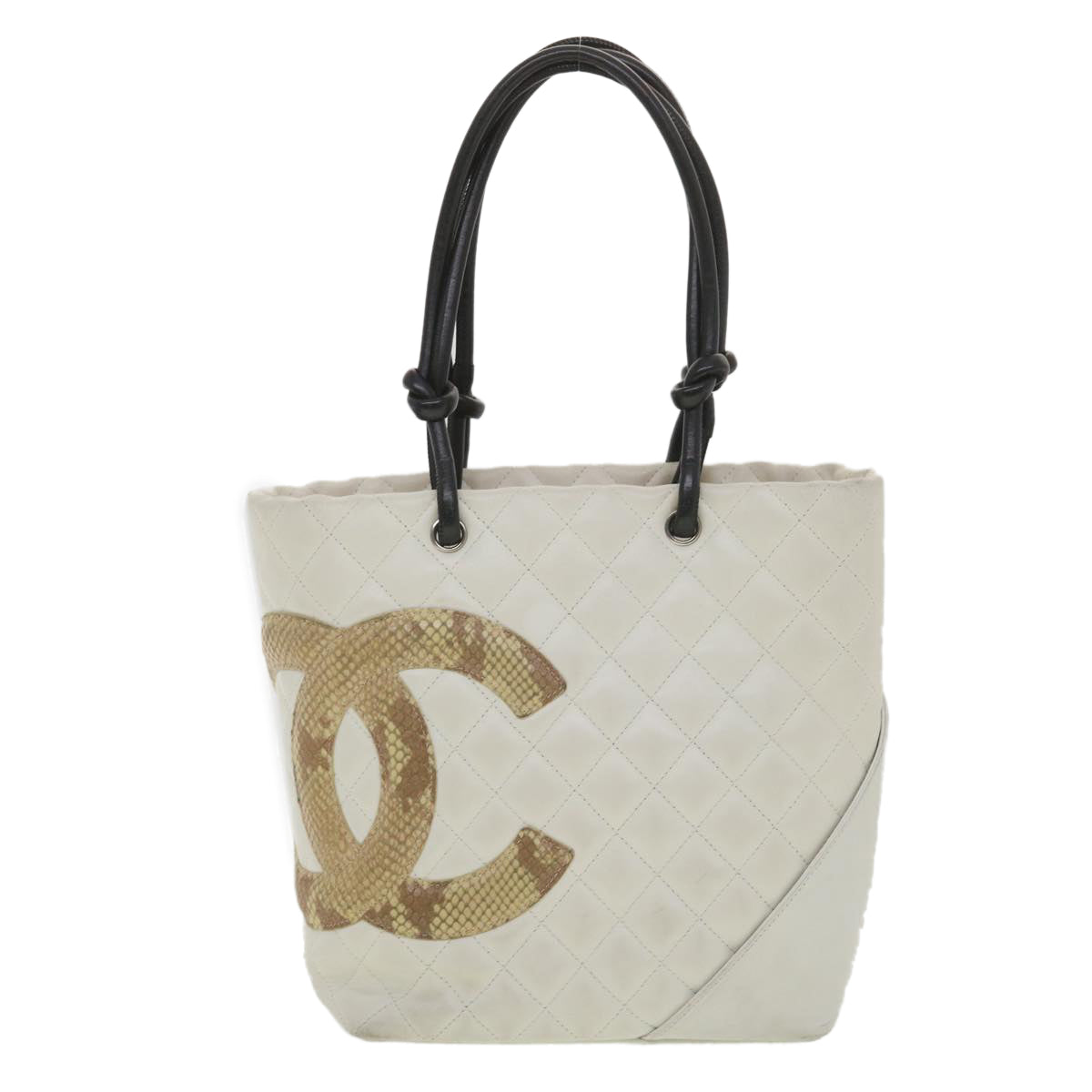 CHANEL Cambon Line Tote Bag Lamb Skin White CC  am3907