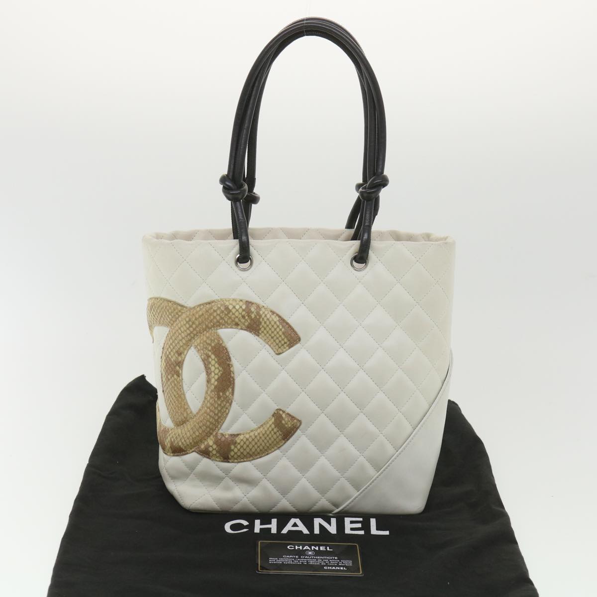 CHANEL Cambon Line Tote Bag Lamb Skin White CC  am3907