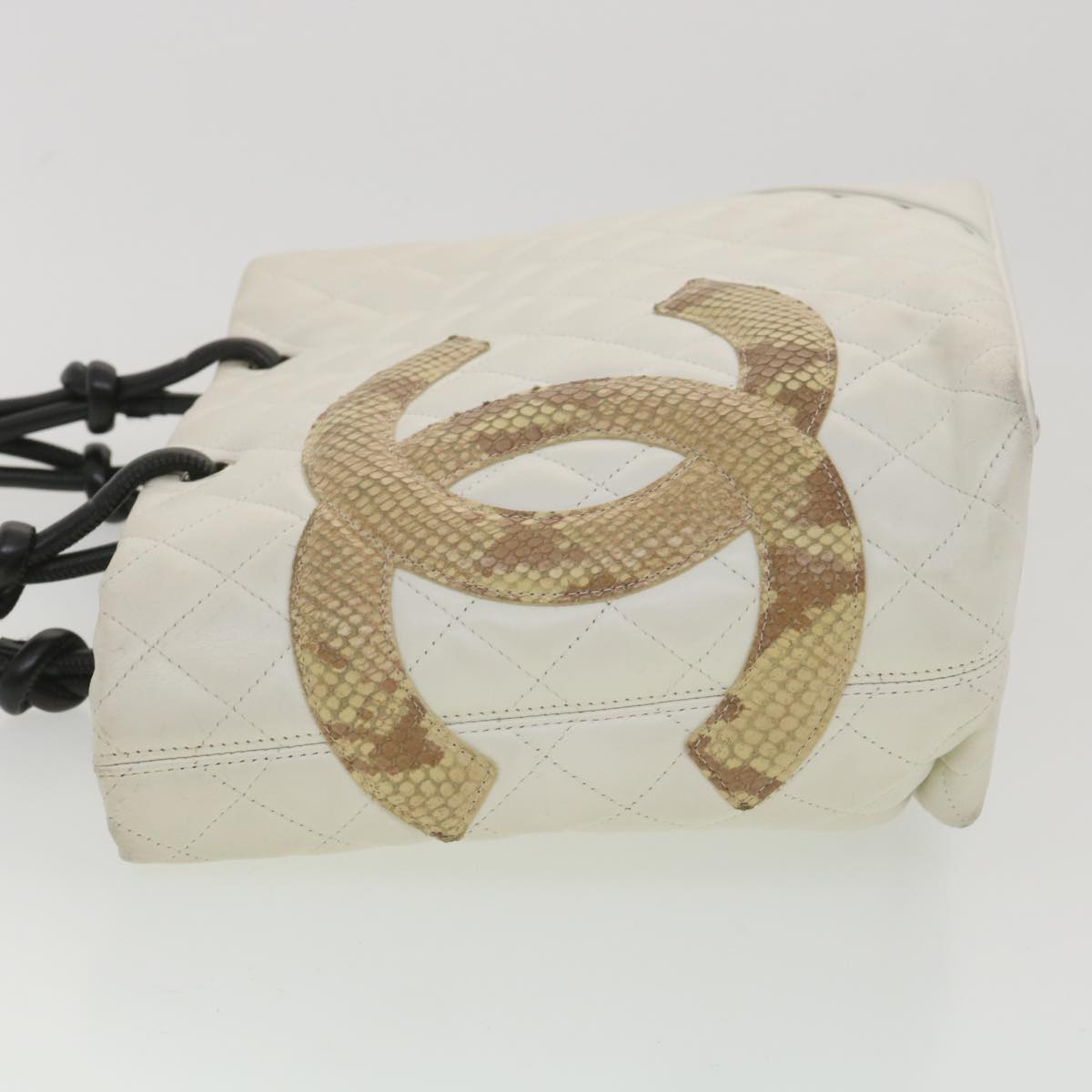 CHANEL Cambon Line Tote Bag Lamb Skin White CC  am3907
