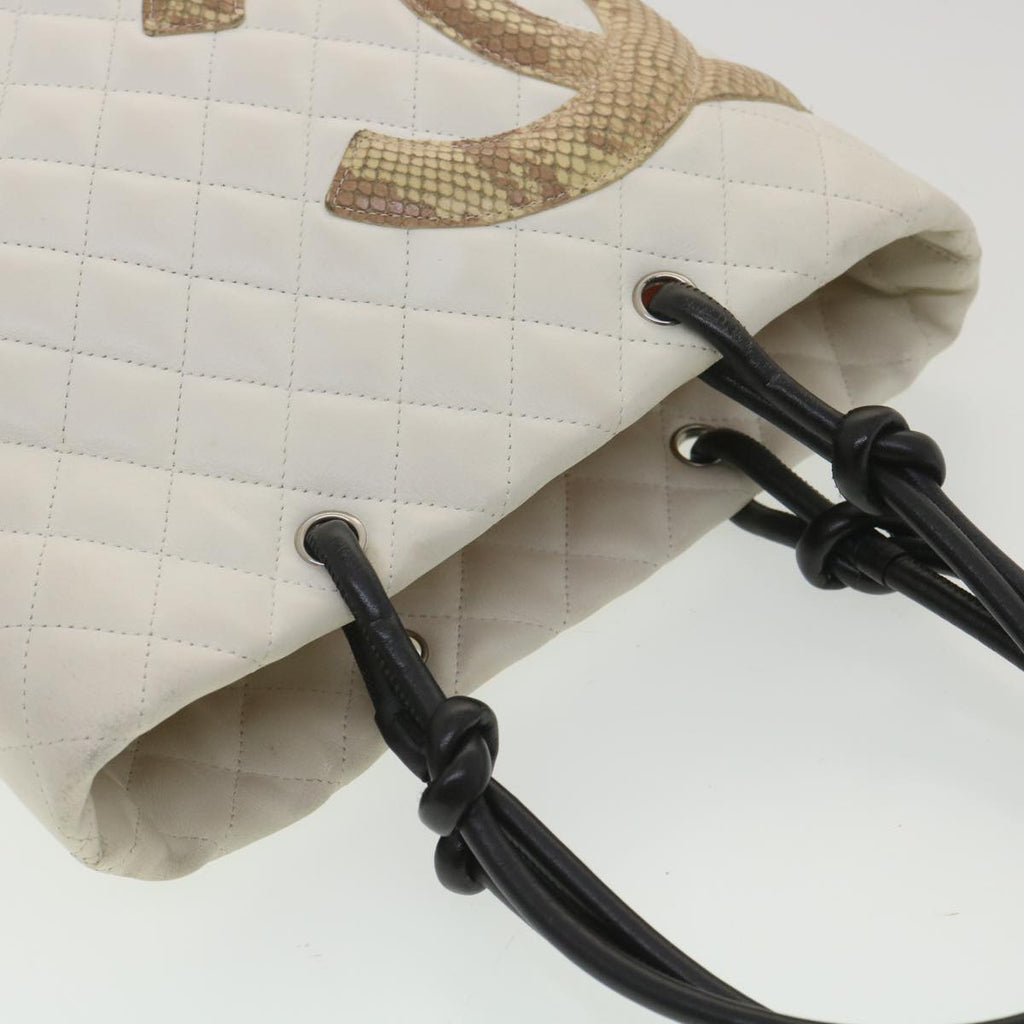 CHANEL Cambon Line Tote Bag Lamb Skin White CC  am3907
