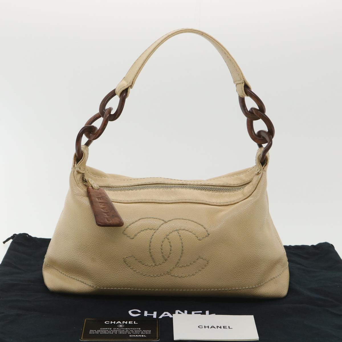 CHANEL Shoulder Bag Caviar Skin Beige CC  am3924