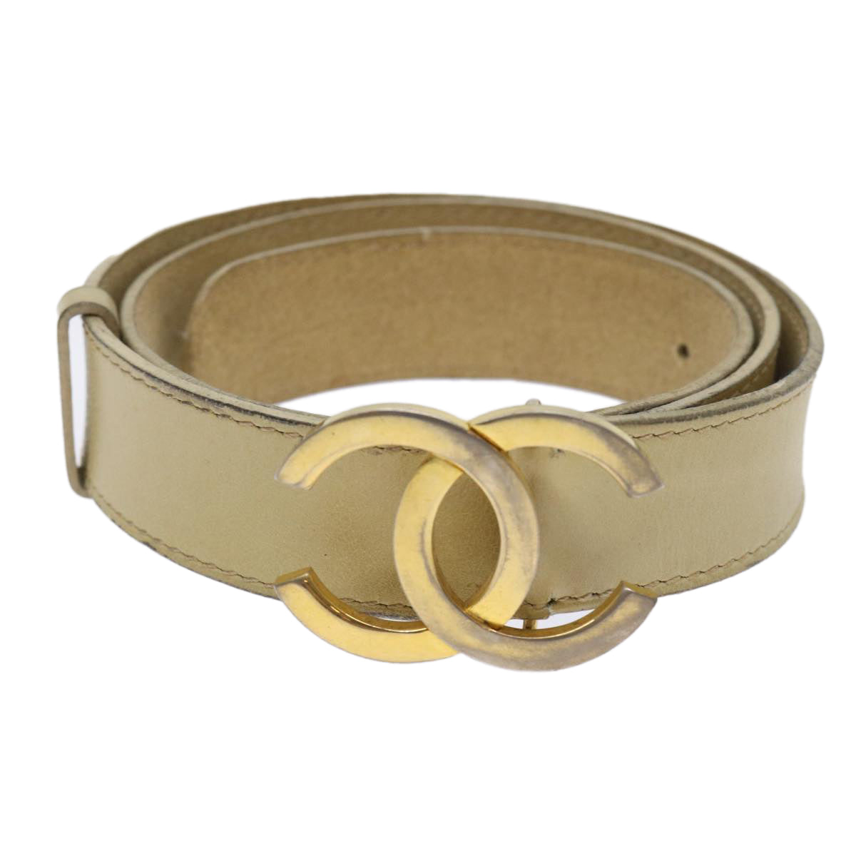 CHANEL COCO Mark Belt Leather 33.1" Beige CC Auth am4714