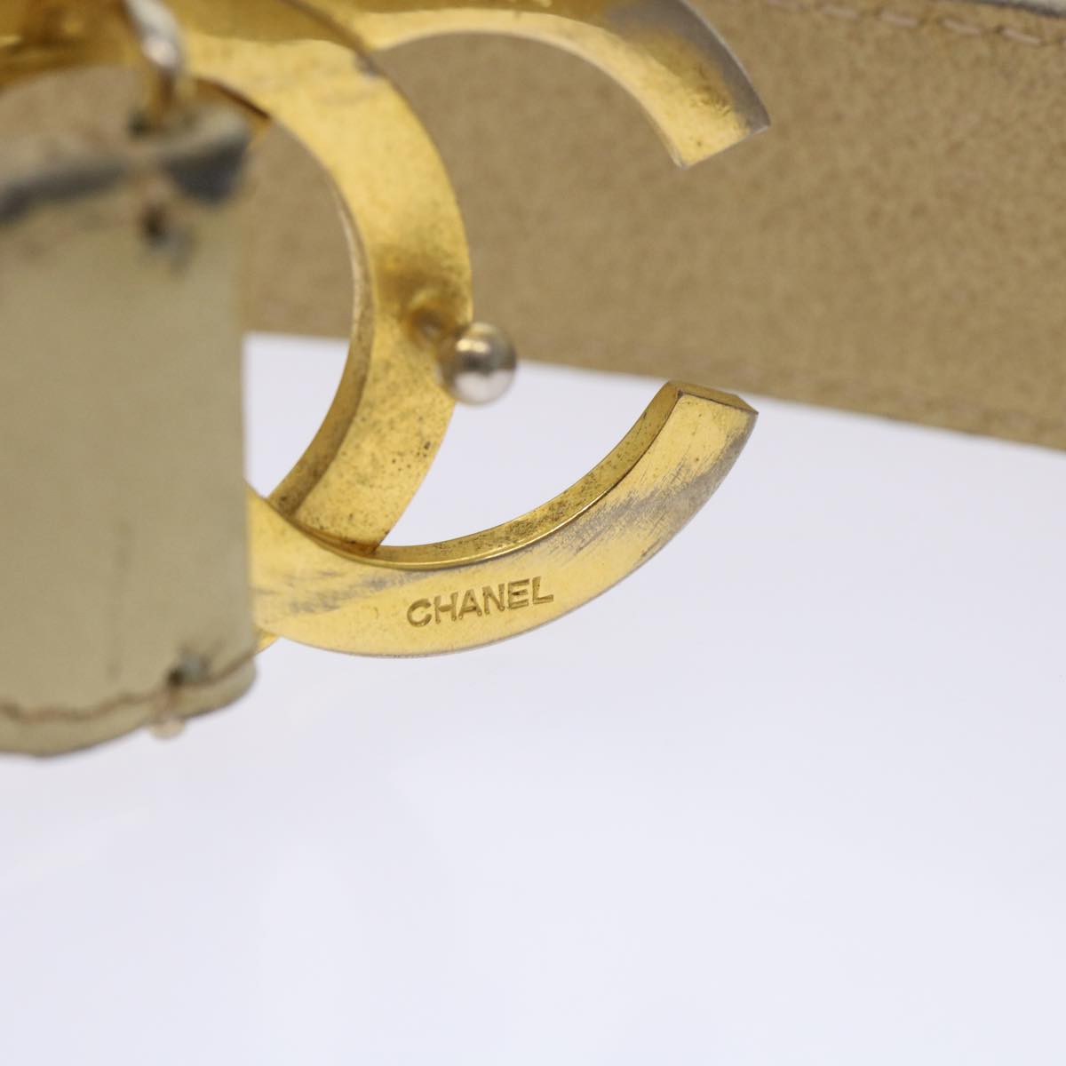 CHANEL COCO Mark Belt Leather 33.1" Beige CC Auth am4714