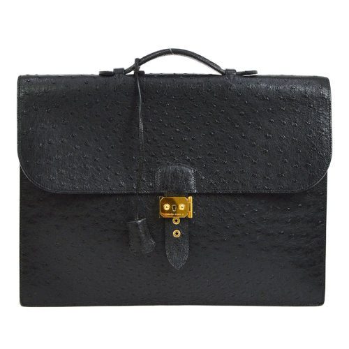HERMES SAC A DEPECHES 41 Briefcase Hand Bag Black Ostrich