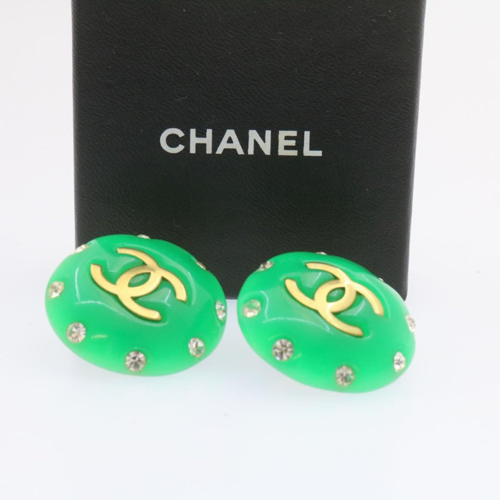 CHANEL Clip-on Earring Gold Tone Green CC Auth ar4783A