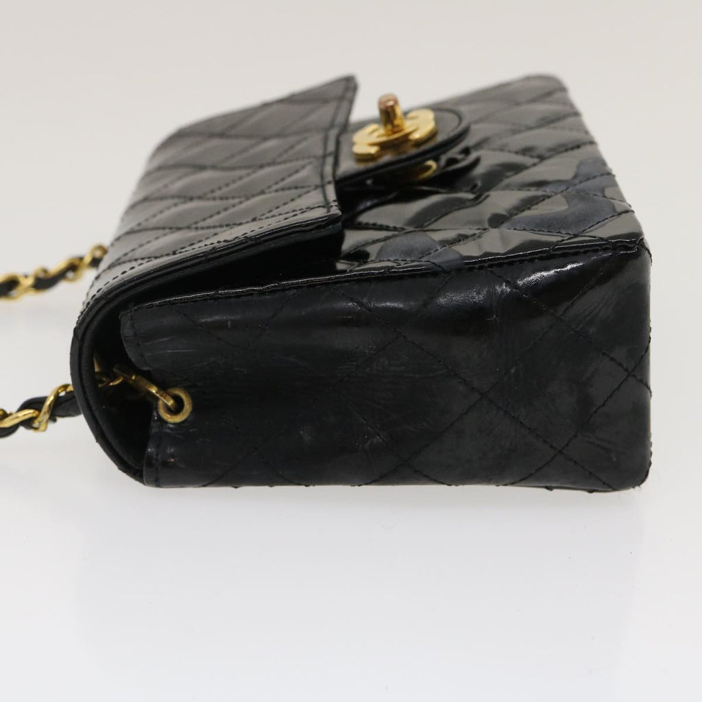 CHANEL Mini Matelasse Chain Flap Shoulder Bag Enamel Black Gold CC Auth ar6839A
