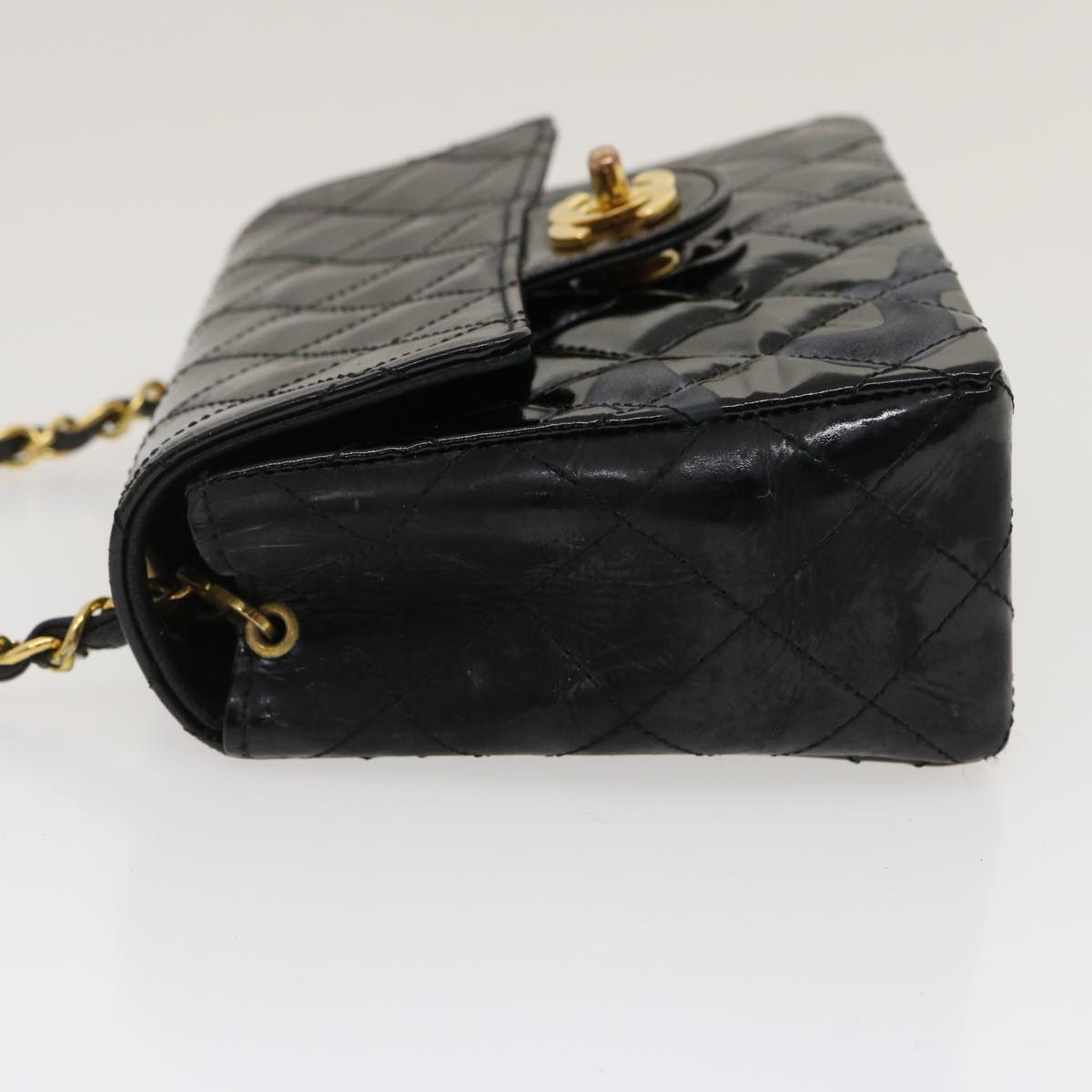 CHANEL Mini Matelasse Chain Flap Shoulder Bag Enamel Black Gold CC Auth ar6839A