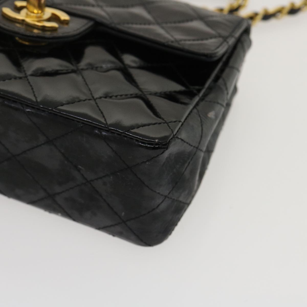 CHANEL Mini Matelasse Chain Flap Shoulder Bag Enamel Black Gold CC Auth ar6839A