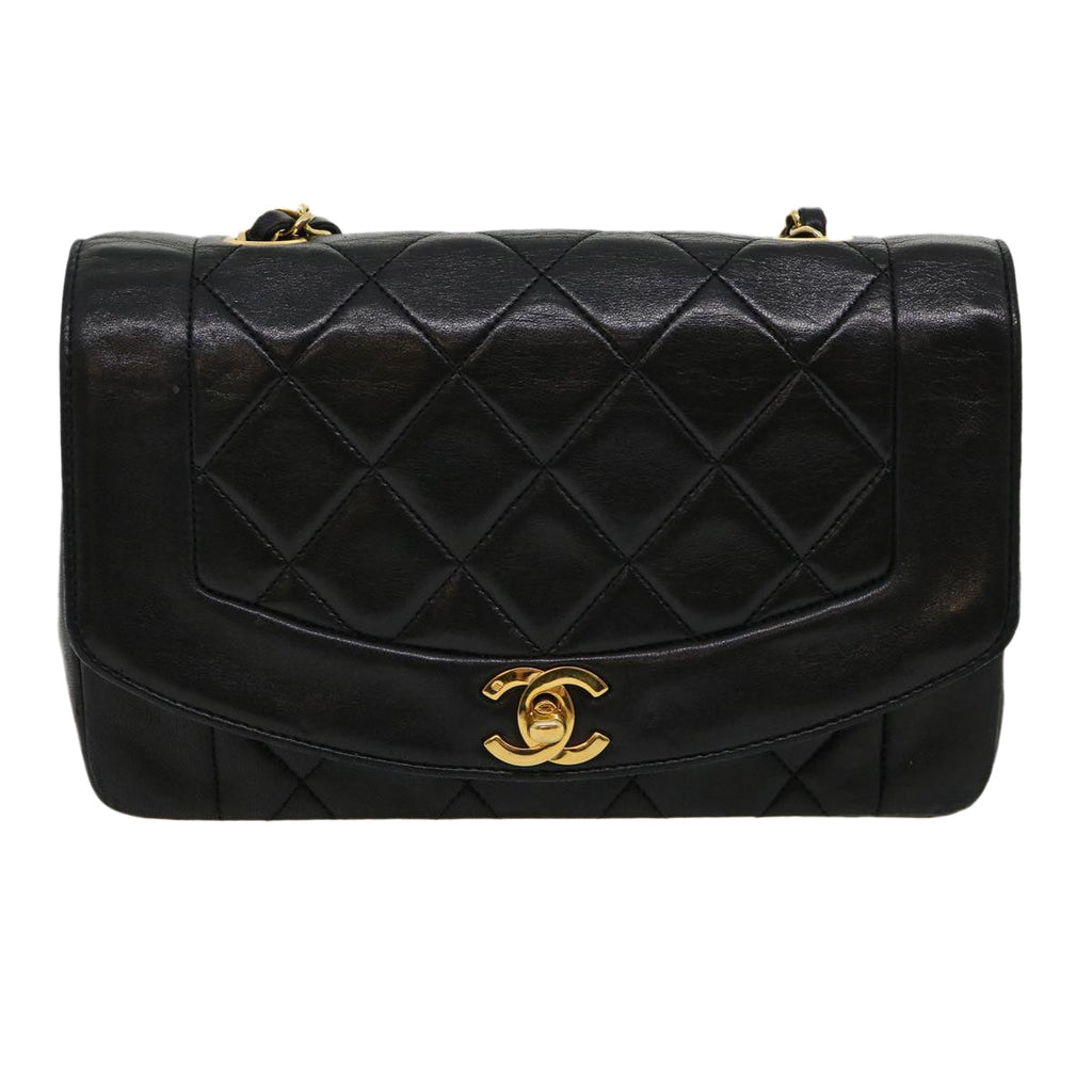CHANEL Matelasse Diana Turn Lock Chain Shoulder Bag Lamb Skin Black Auth ar7368A